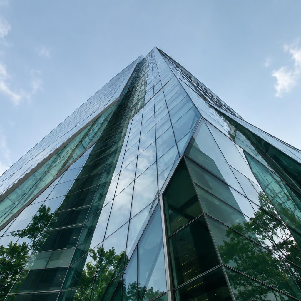 Geometric glass architecture rising toward the sky